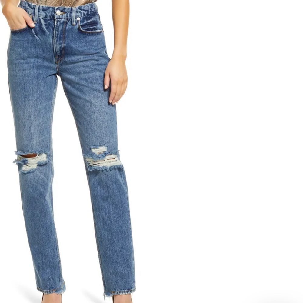 NWT Good American High-Rise Distressed Straight Jeans in Medium Blue